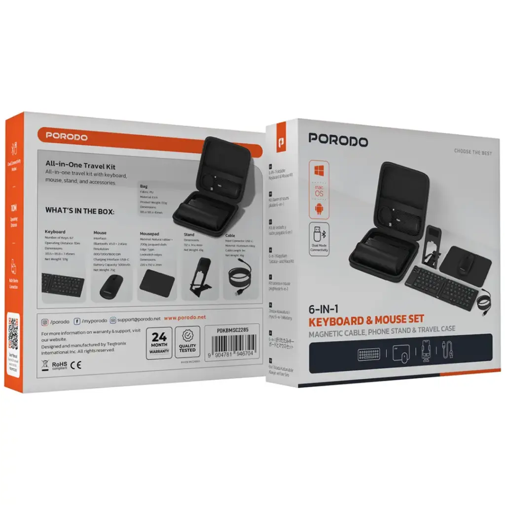Porodo 6-in-1 Wireless Keyboard & Mouse Set – Black